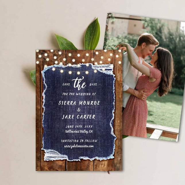 Invitation Rustic Wood Denim Écrire Mariage photo Enregistrer (rustic wedding save the date cowboy barn wood denim string lights ranch country western hand written)