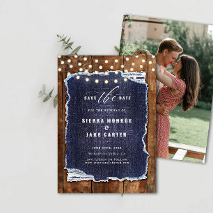 Invitation Rustic Wood Denim Photo Cowboy Mariage Date de sau