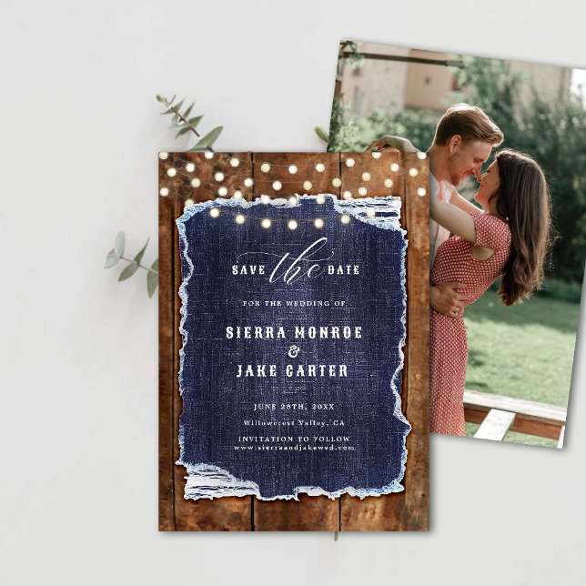 Invitation Rustic Wood Denim Photo Cowboy Mariage Date de sau (rustic wedding save the date cowboy barn wood denim string lights ranch country western backyard)
