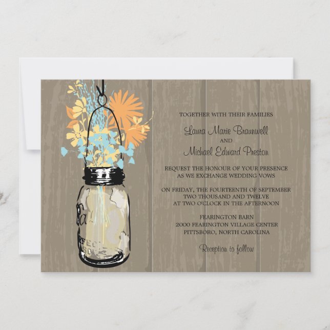 Invitation Rustic Wood et Fleurs sauvages de Mason Jar (Devant)