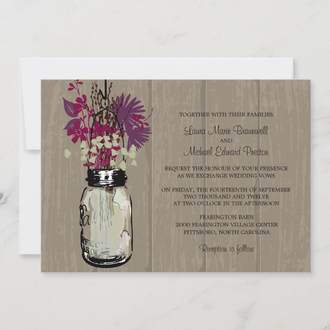 Invitation Rustic Wood et Fleurs sauvages de Mason Jar (Devant)