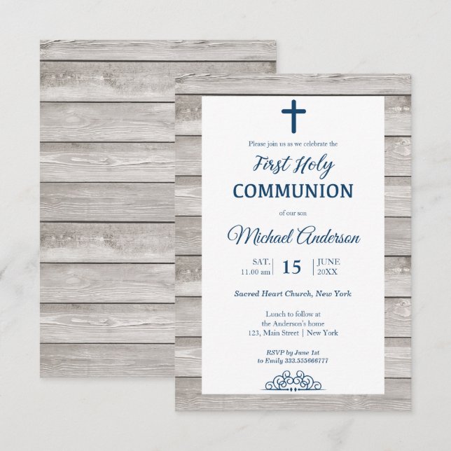 Invitation Rustic Wood First Communion Événement religieux (Devant / Derrière)