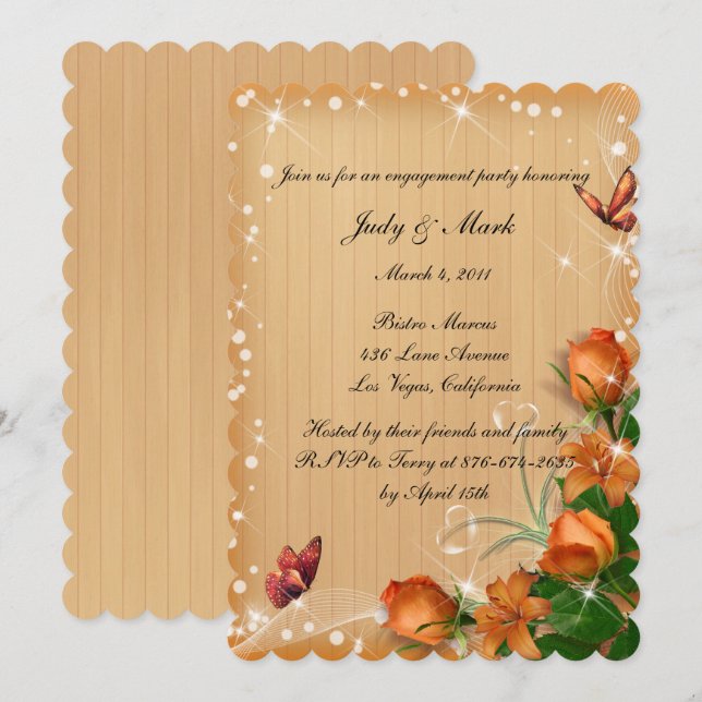 Invitation Rustic Wood Floral Butterfly Engagement Party (Devant / Derrière)