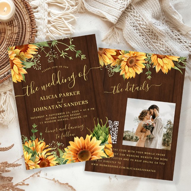 Invitation Rustic wood floral sunflower garden barn wedding (Créateur téléchargé)