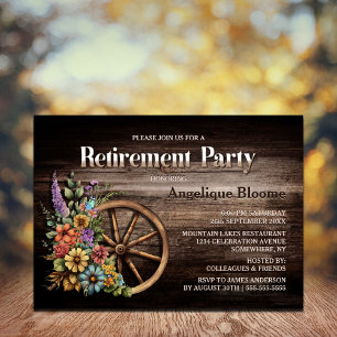 Invitation Rustic Wood Floral Wagon Wheel Retirement Party