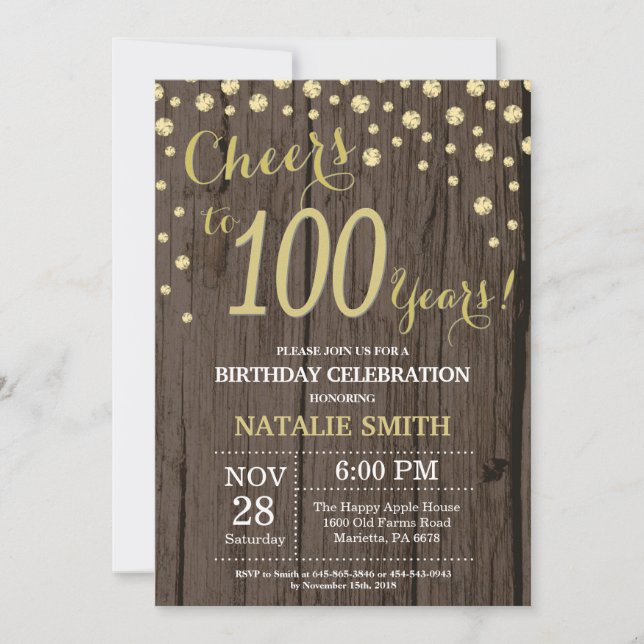 Invitation Rustic Wood Gold 100e Anniversaire Diamond (Devant)