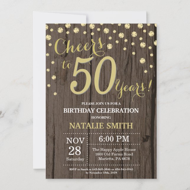 Invitation Rustic Wood Gold 50e Anniversaire Diamond (Devant)