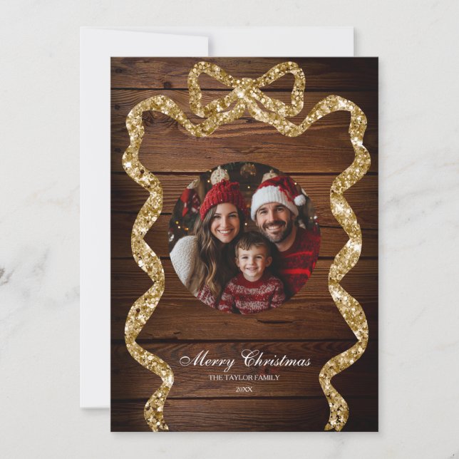 Invitation Rustic Wood Gold Family Photo Joyeux Noël (Devant)