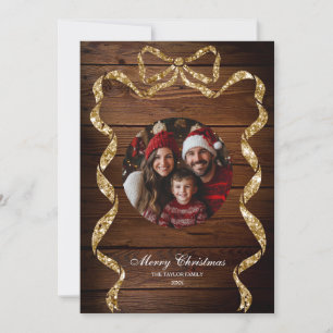 Invitation Rustic Wood Gold Family Photo Joyeux Noël