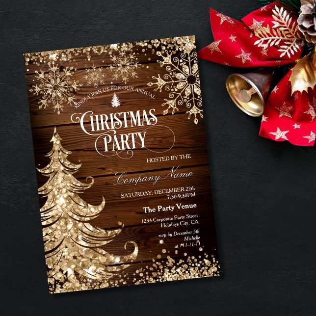 Invitation Rustic Wood Gold Glitter Corporate Christmas Party (GLITER GOLD CHRISTMAS TREES ON THE WOOD BACKGROUND,  CHRISTMAS PARTY INVITATION)