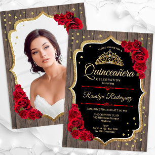 Invitation Rustic Wood Gold Red Photo Quinceanera