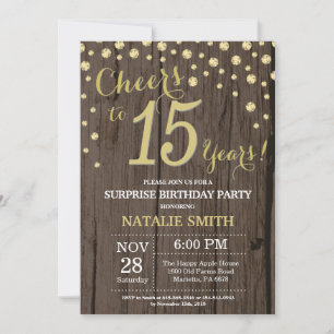 Invitation Rustic Wood Gold Surprise 15e Anniversaire Diamond