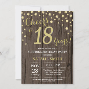 Invitation Rustic Wood Gold Surprise 18e Anniversaire Diamond