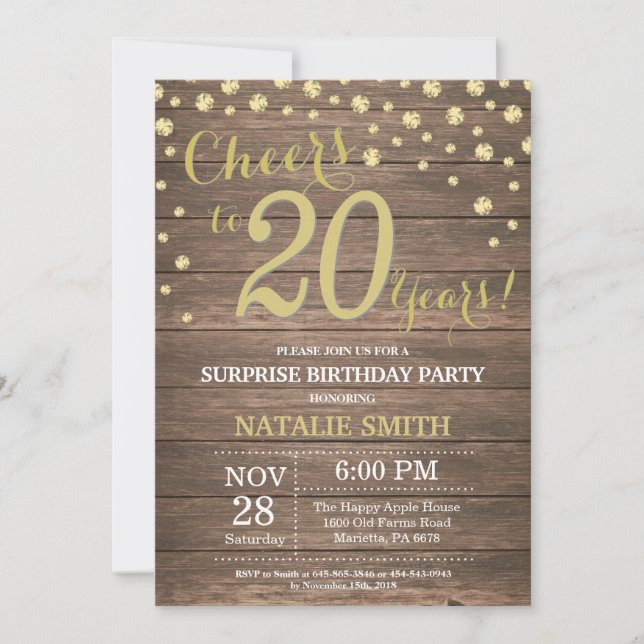 Invitation Rustic Wood Gold Surprise 20e Anniversaire Diamond (Devant)