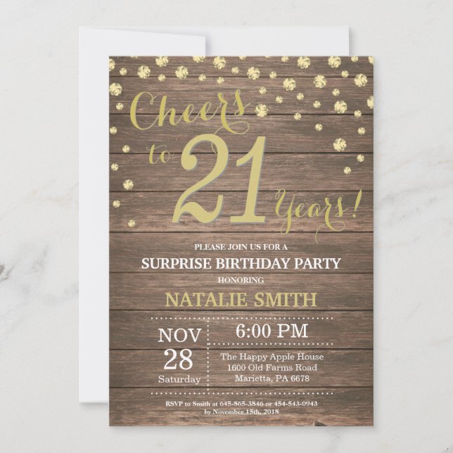 Invitation Rustic Wood Gold Surprise 21e Anniversaire Diamond (Devant)