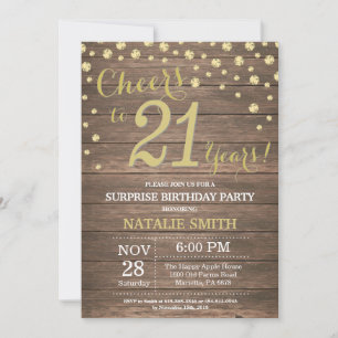 Invitation Rustic Wood Gold Surprise 21e Anniversaire Diamond