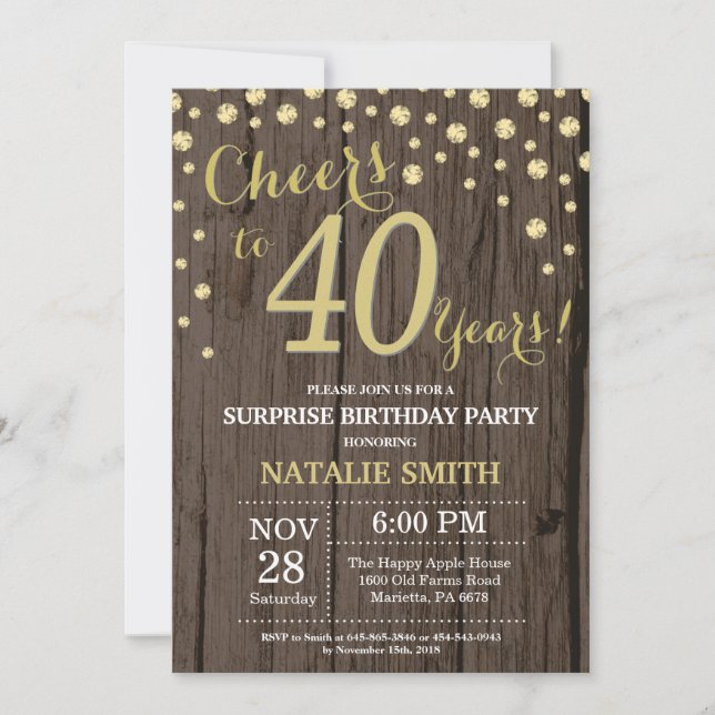 Invitation Rustic Wood Gold Surprise 40e Anniversaire Diamond (Devant)