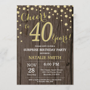 Invitation Rustic Wood Gold Surprise 40e Anniversaire Diamond