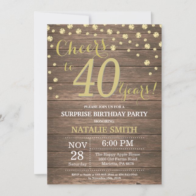 Invitation Rustic Wood Gold Surprise 40e Anniversaire Diamond (Devant)