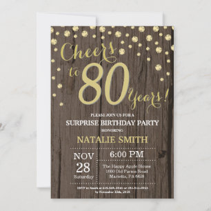 Invitation Rustic Wood Gold Surprise 80e Anniversaire Diamond