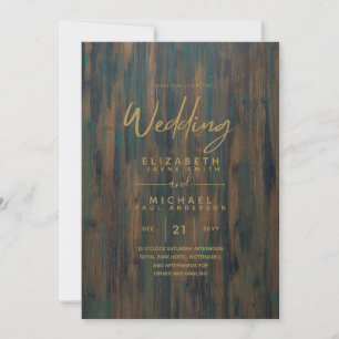 Invitation Rustic Wood Green Gold Wedding Invite