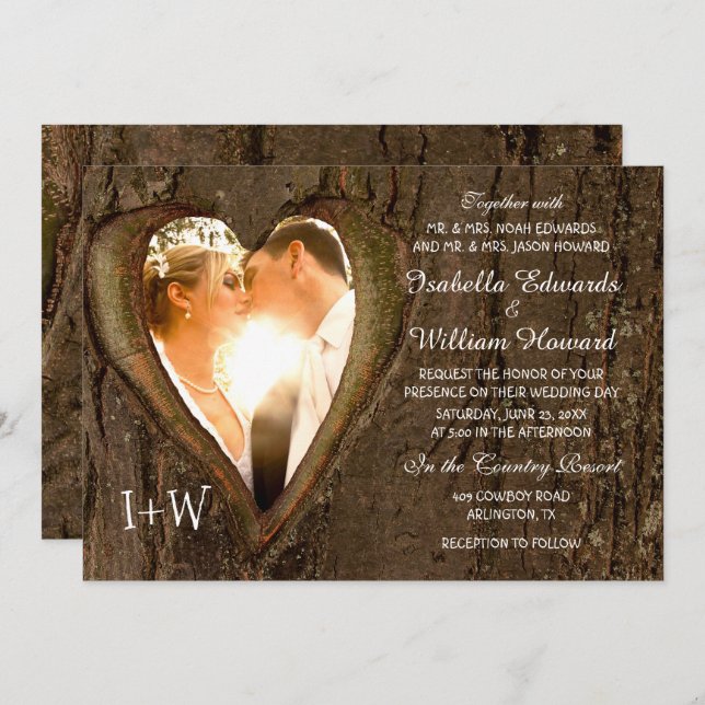 Invitation Rustic Wood Heart Mariage photo (Devant / Derrière)