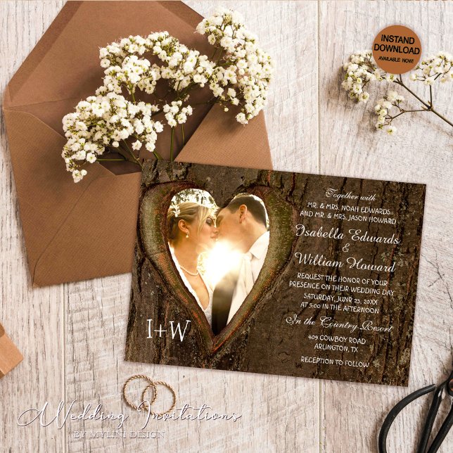 Invitation Rustic Wood Heart Mariage photo (Créateur téléchargé)