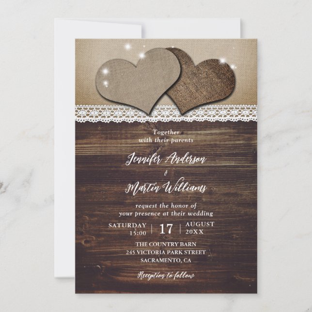 Invitation Rustic Wood Hearts Burlap et Mariage de dentelle (Devant)