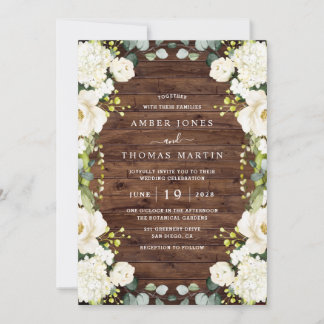Invitation Rustic Wood Ivory White Floral Elegant Wedding 