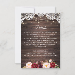 Invitation Rustic Wood Lace Bourgogne Blush Détails du Mariag