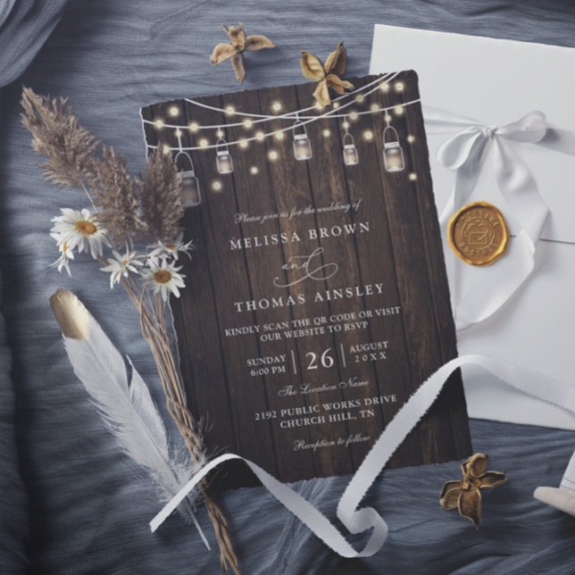 Invitation Rustic Wood & Lights Country Chic QR Code Wedding (Créateur téléchargé)
