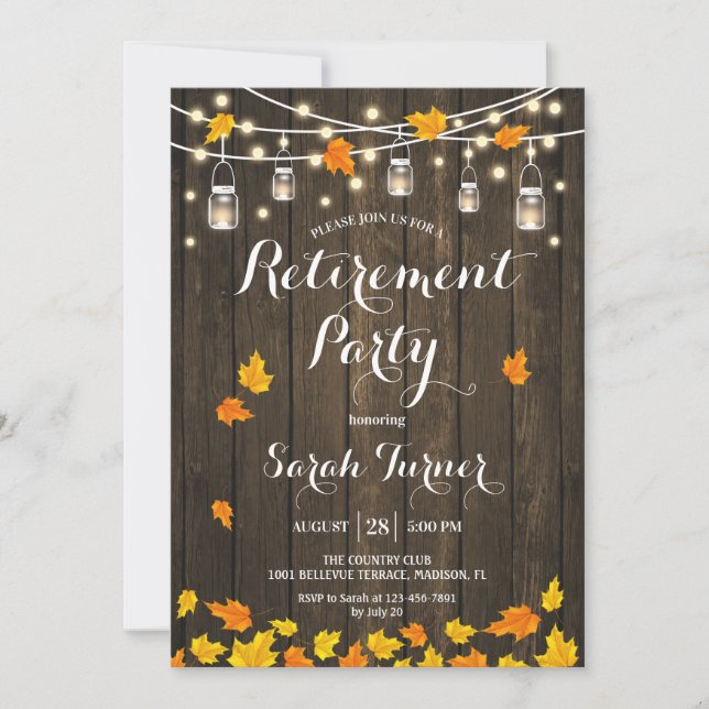 Invitation Rustic Wood Lights Parti de retraite Feuille (Devant)