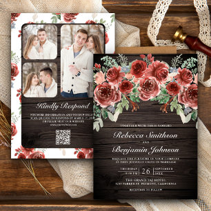 Invitation Rustic Wood Marsala Floral Photo QR Code Mariage