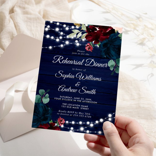Invitation Rustic Wood Marsala & Navy Blue Rehearer Dîner (Créateur téléchargé)
