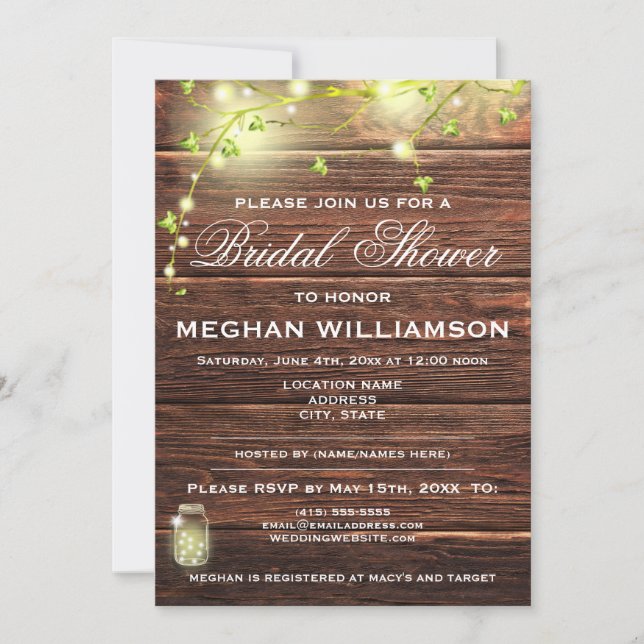 Invitation Rustic Wood Mason éclaire l'invitation de la douch (Devant)