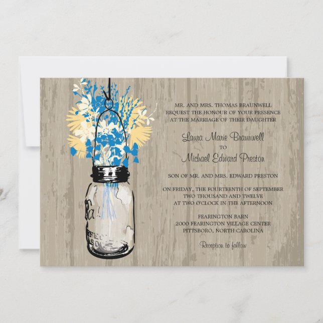 Invitation Rustic Wood Mason Jar et Mariage Fleur sauvage (Devant)