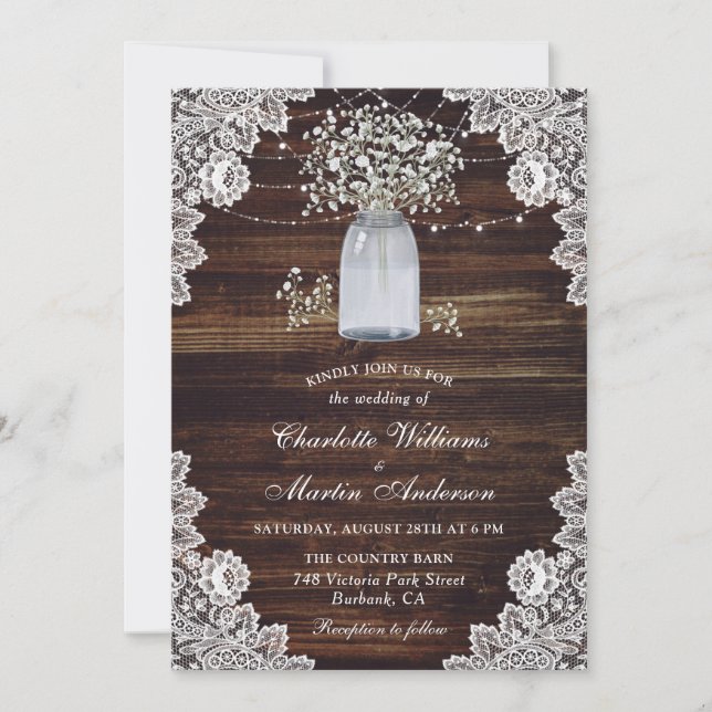 Invitation Rustic Wood Mason Jar Mariage de la respiration du (Devant)