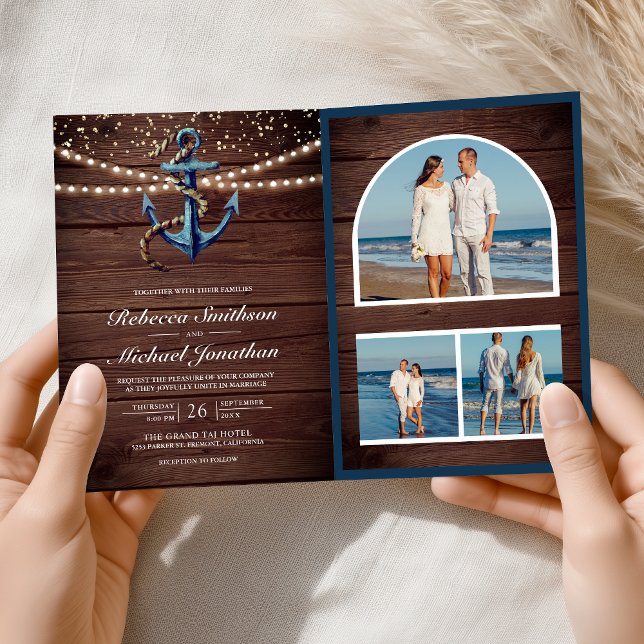 Invitation Rustic Wood Navy Blue Anchor QR Code Wedding (Créateur téléchargé)