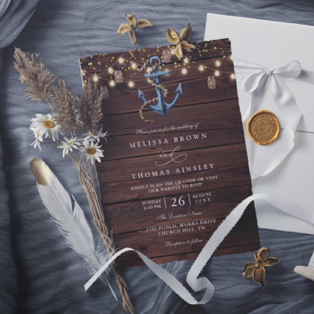 Invitation Rustic Wood Navy Blue Anchor QR Code Wedding (Créateur téléchargé)