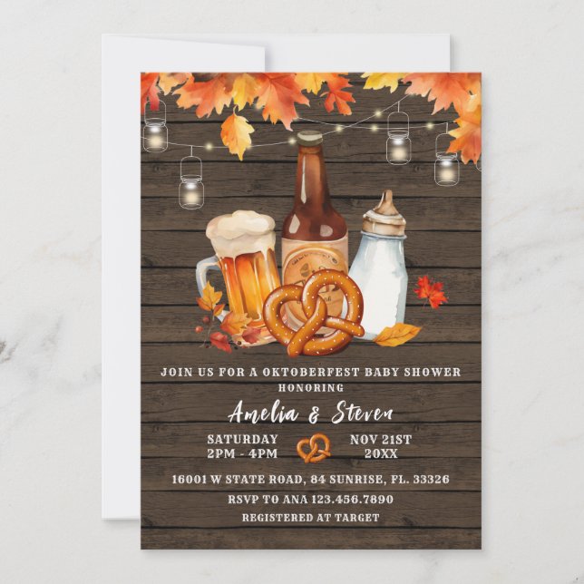 Invitation Rustic Wood Octoberfest Bière & Baby shower boutei (Devant)