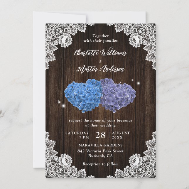 Invitation Rustic Wood Purple and Blue Floral Hearts Wedding (Devant)