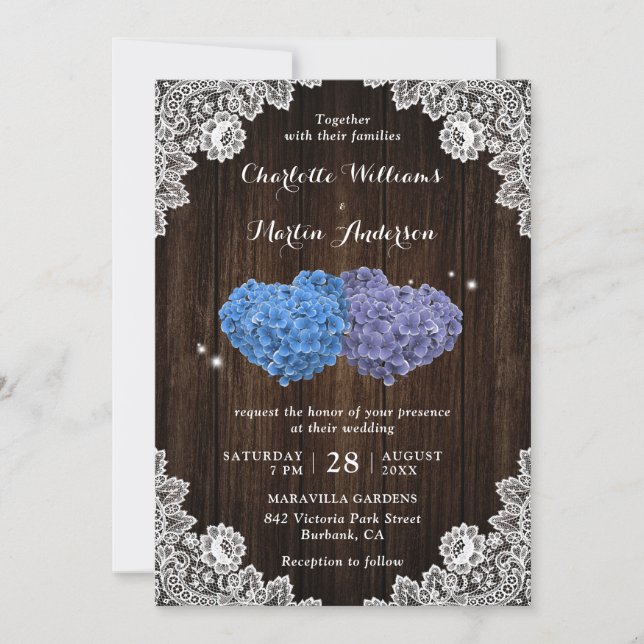 Invitation Rustic Wood Purple and Blue Floral Hearts Wedding (Devant)