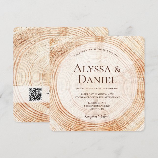 Invitation Rustic Wood QR code site mariage (Devant / Derrière)