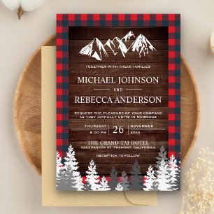 Invitation Rustic Wood Red Buffalo Plaid Mountain Wedding