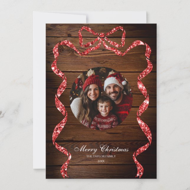 Invitation Rustic Wood Red Ribbon Photo Joyeux Noël (Devant)