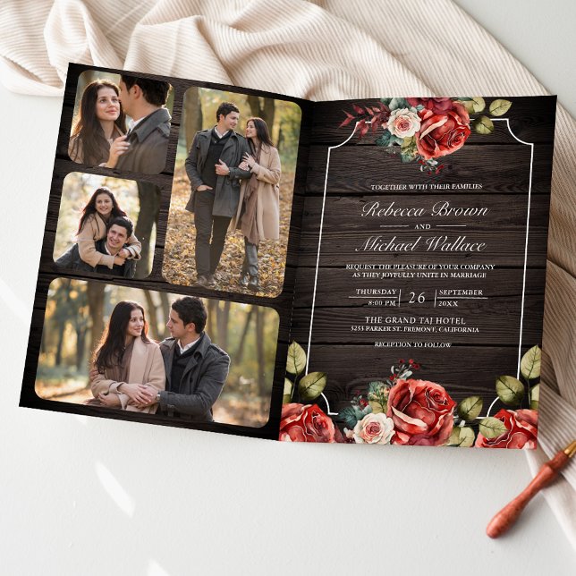 Invitation Rustic Wood Red Roses Floral Frame QR Code Wedding (Créateur téléchargé)