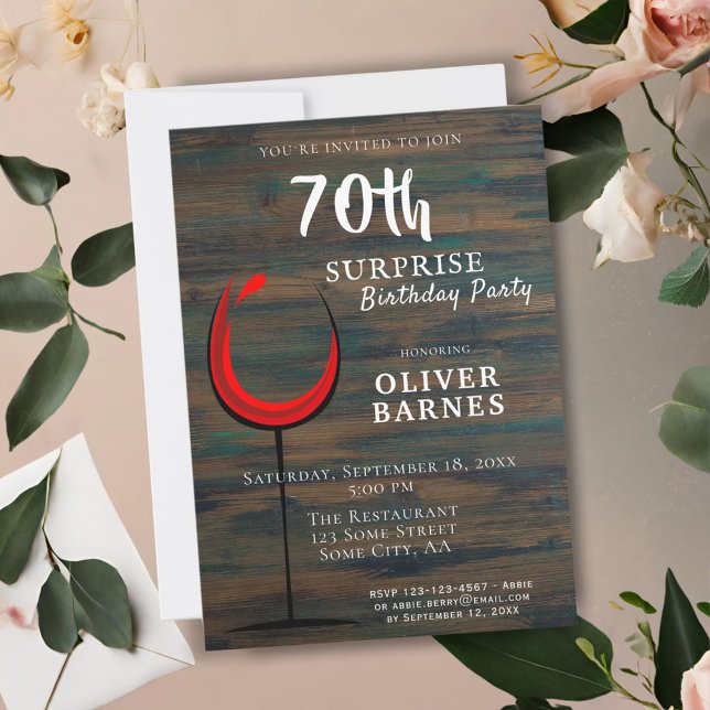 Invitation Rustic Wood Red Wine 70e anniversaire Surprise Par (Créateur téléchargé)