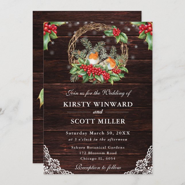 Invitation Rustic Wood Robin et Holly Christmas Mariage (Devant / Derrière)
