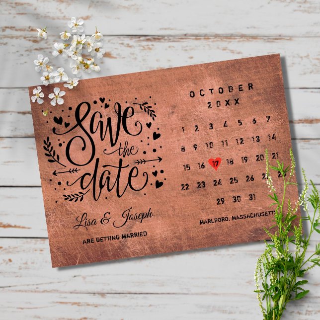 Invitation Rustic Wood Save the Date Calendar Red Heart (Créateur téléchargé)