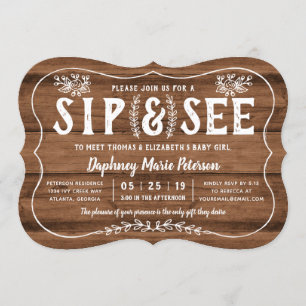 Invitation Rustic Wood Sip et voir l'invitation Baby shower